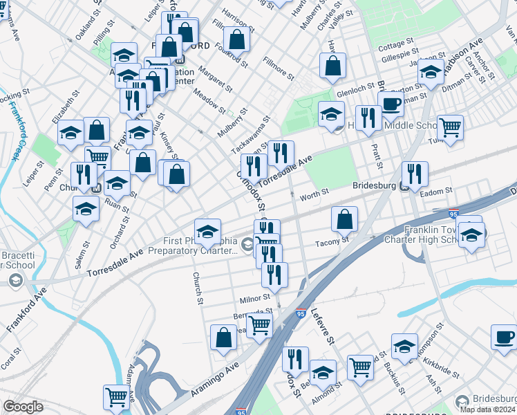 map of restaurants, bars, coffee shops, grocery stores, and more near 2112 Orthodox Street in Philadelphia