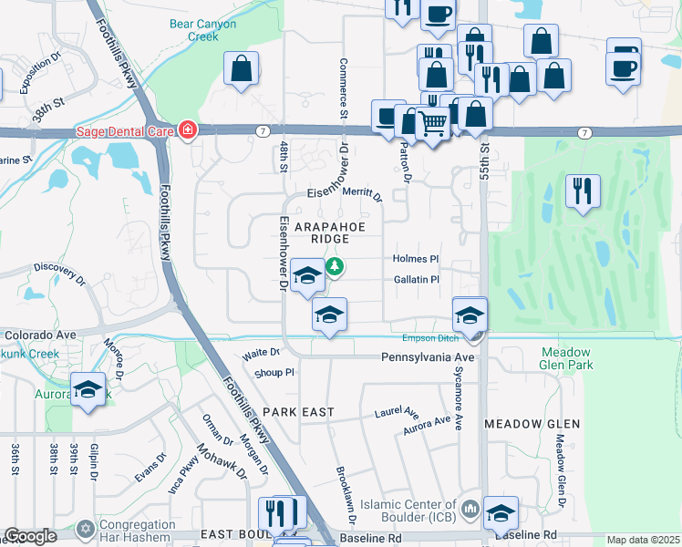 map of restaurants, bars, coffee shops, grocery stores, and more near 5017 Gallatin Place in Boulder