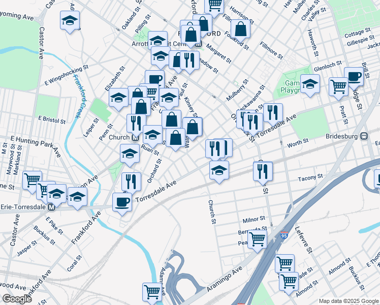 map of restaurants, bars, coffee shops, grocery stores, and more near 1903 Church Street in Philadelphia