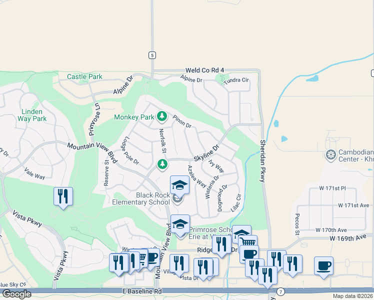map of restaurants, bars, coffee shops, grocery stores, and more near 2162 Pinon Circle in Erie