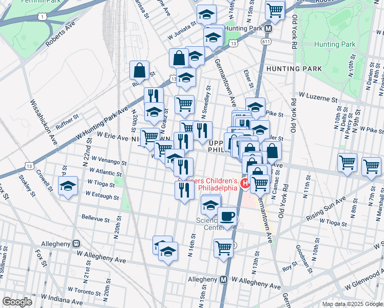 map of restaurants, bars, coffee shops, grocery stores, and more near 1634 West Erie Avenue in Philadelphia