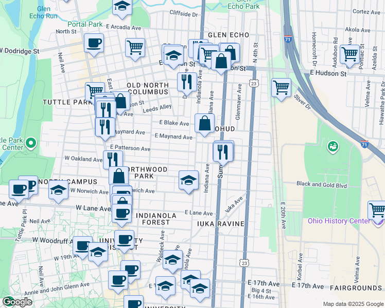 map of restaurants, bars, coffee shops, grocery stores, and more near 2269 Indianola Avenue in Columbus