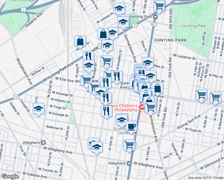 map of restaurants, bars, coffee shops, grocery stores, and more near 1628 West Erie Avenue in Philadelphia