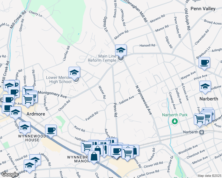 map of restaurants, bars, coffee shops, grocery stores, and more near 386 Penn Road in Wynnewood
