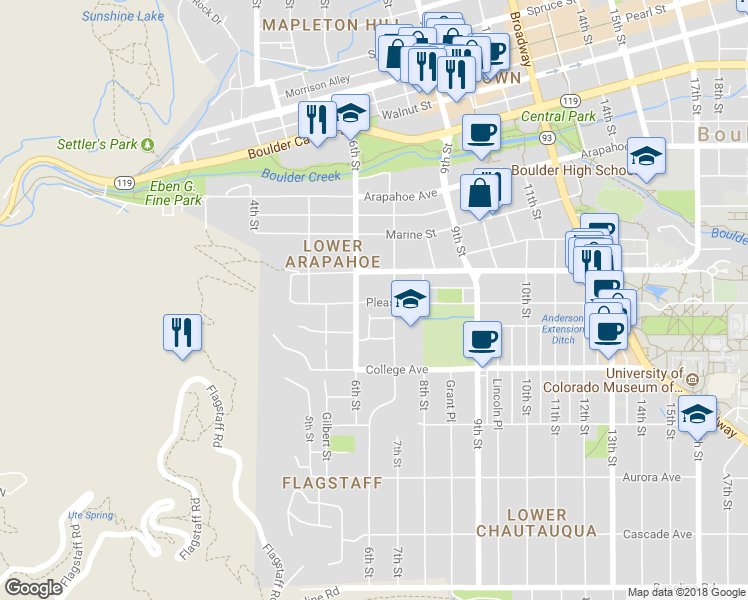map of restaurants, bars, coffee shops, grocery stores, and more near 625 Pleasant Street in Boulder