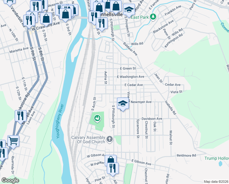 map of restaurants, bars, coffee shops, grocery stores, and more near 104 East Patterson Avenue in Connellsville