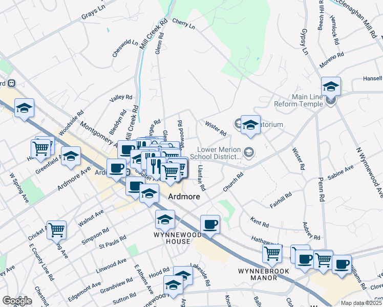 map of restaurants, bars, coffee shops, grocery stores, and more near 119 East Montgomery Avenue in Ardmore