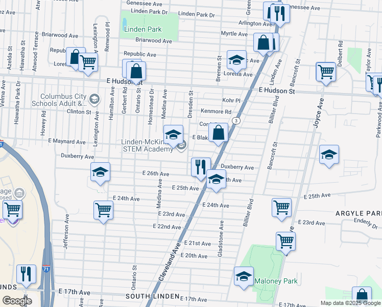 map of restaurants, bars, coffee shops, grocery stores, and more near 2112 Dresden Street in Columbus