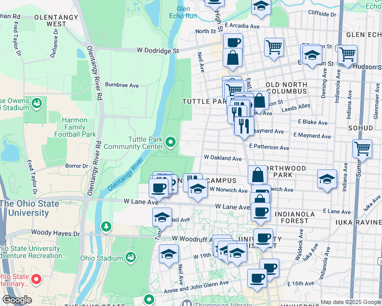 map of restaurants, bars, coffee shops, grocery stores, and more near 164 West Oakland Avenue in Columbus