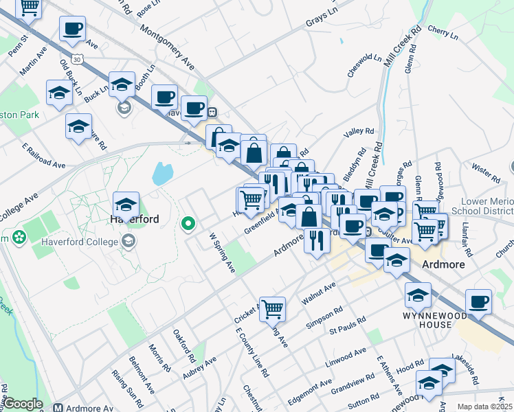 map of restaurants, bars, coffee shops, grocery stores, and more near 33 Holland Avenue in Ardmore