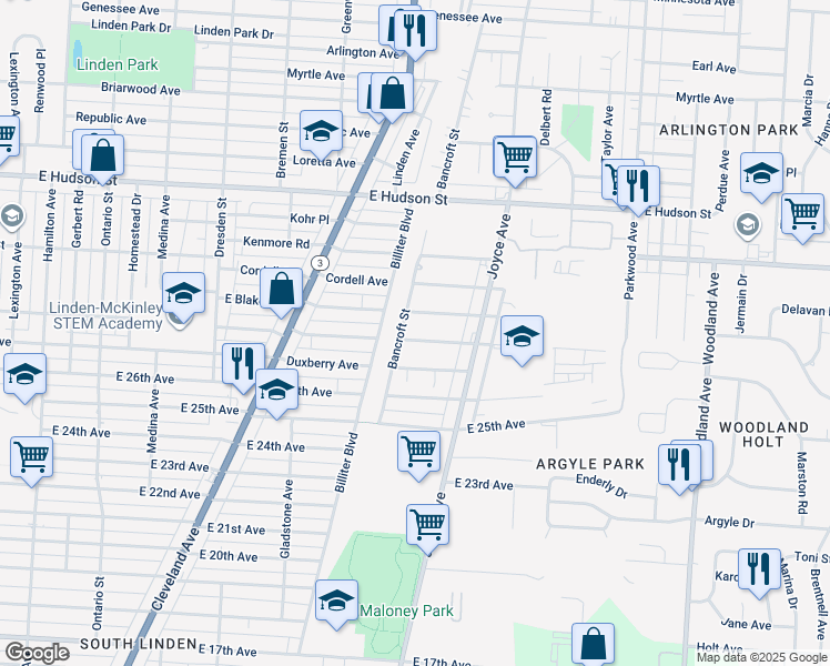 map of restaurants, bars, coffee shops, grocery stores, and more near 1650 East Maynard Avenue in Columbus