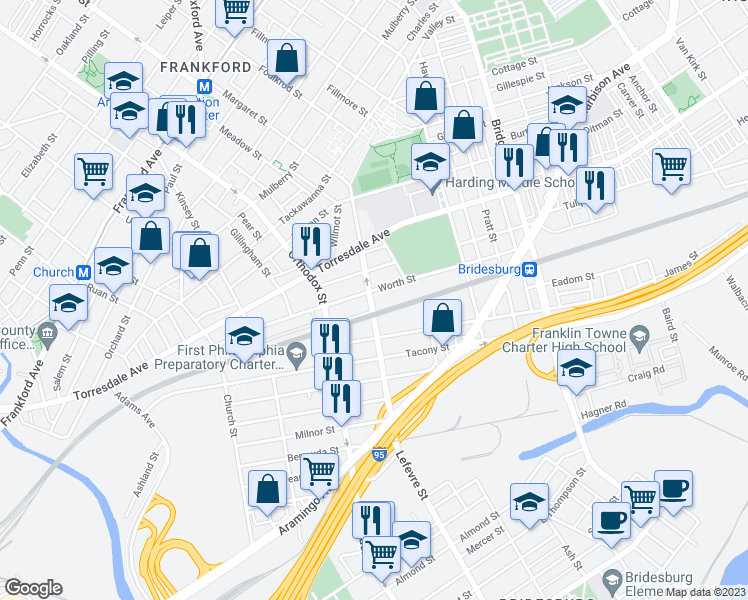 map of restaurants, bars, coffee shops, grocery stores, and more near 2107 Margaret Street in Philadelphia