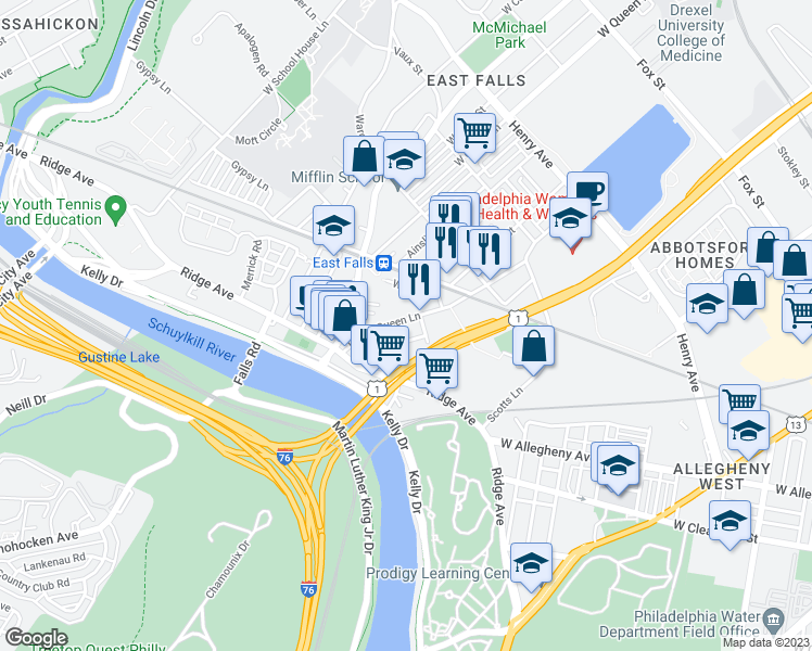 map of restaurants, bars, coffee shops, grocery stores, and more near 3590 Indian Queen Lane in Philadelphia
