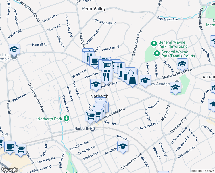 map of restaurants, bars, coffee shops, grocery stores, and more near 245 Hampden Avenue in Narberth