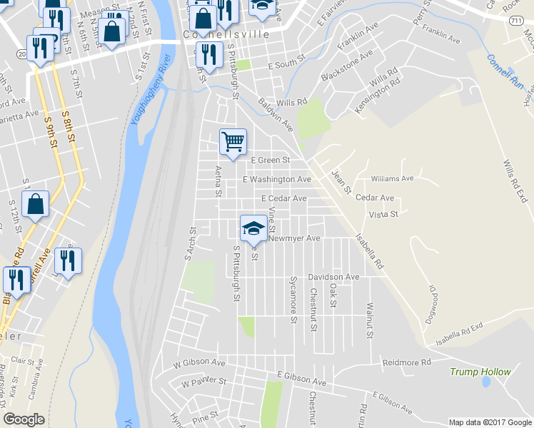 map of restaurants, bars, coffee shops, grocery stores, and more near 210 East Patterson Avenue in Connellsville