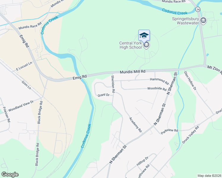 map of restaurants, bars, coffee shops, grocery stores, and more near 439 Grant Drive in York