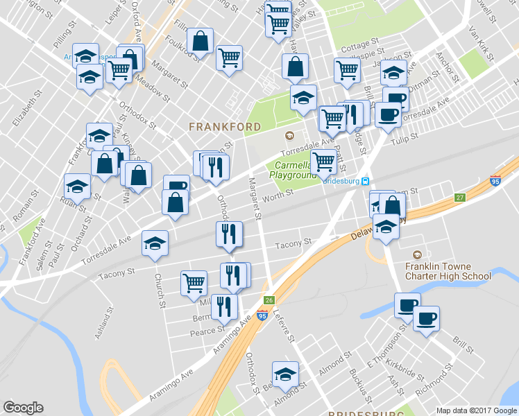 map of restaurants, bars, coffee shops, grocery stores, and more near 2107 Margaret Street in Philadelphia