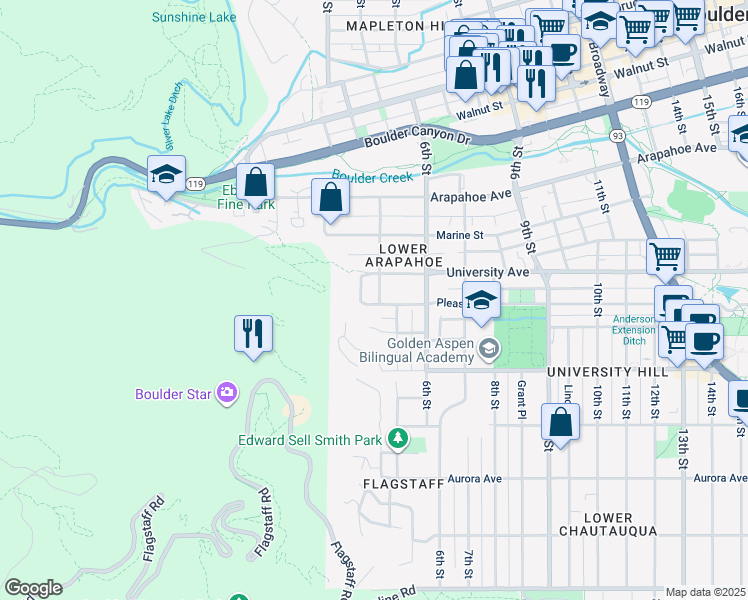 map of restaurants, bars, coffee shops, grocery stores, and more near 1305 5th Street in Boulder