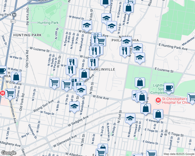 map of restaurants, bars, coffee shops, grocery stores, and more near 3838 North Lawrence Street in Philadelphia