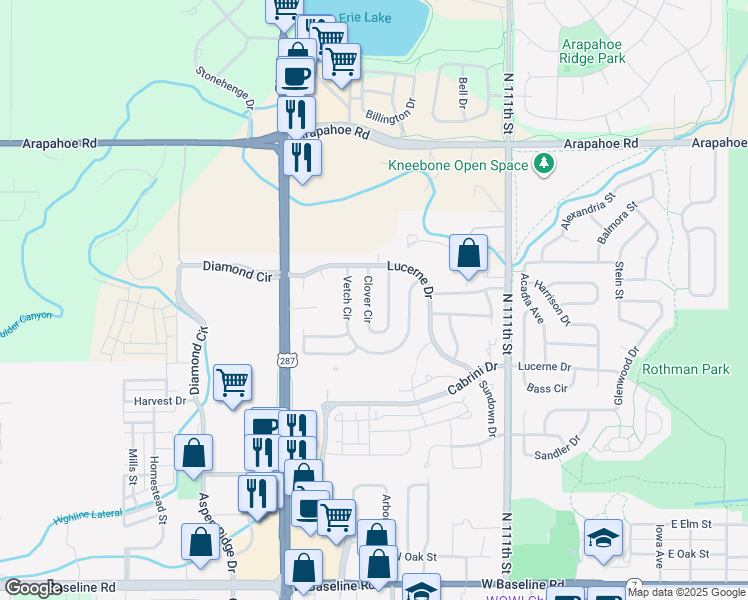 map of restaurants, bars, coffee shops, grocery stores, and more near 963 Clover Circle in Lafayette