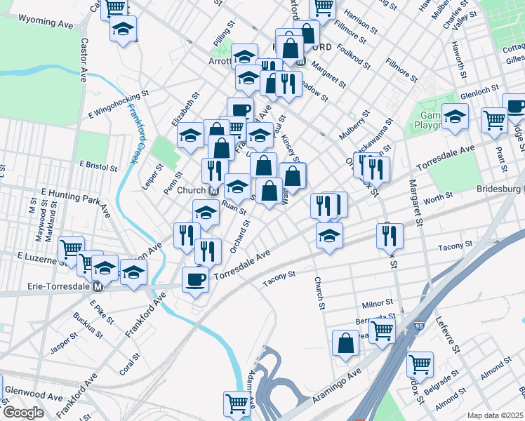 map of restaurants, bars, coffee shops, grocery stores, and more near 1714 Church Street in Philadelphia