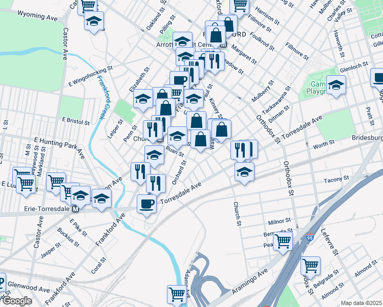 map of restaurants, bars, coffee shops, grocery stores, and more near 4274 Orchard Street in Philadelphia