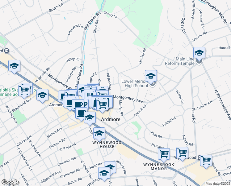 map of restaurants, bars, coffee shops, grocery stores, and more near 119 East Montgomery Avenue in Ardmore