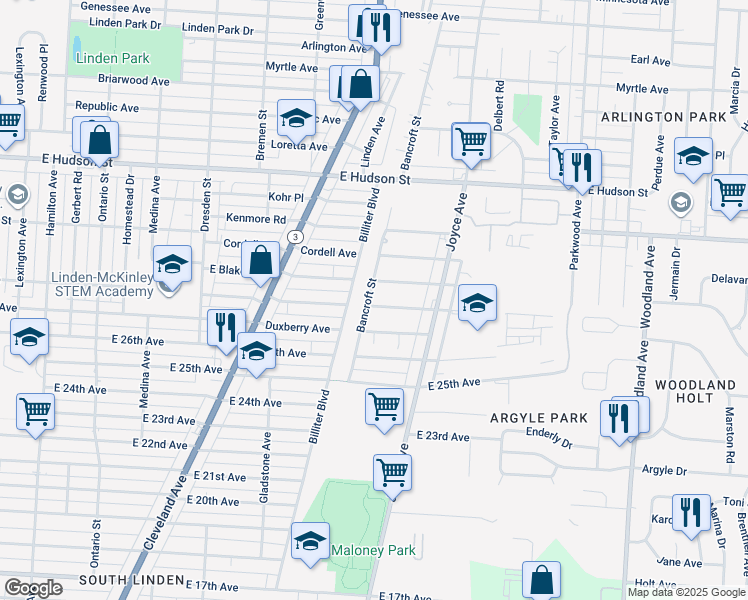 map of restaurants, bars, coffee shops, grocery stores, and more near 1650 East Maynard Avenue in Columbus
