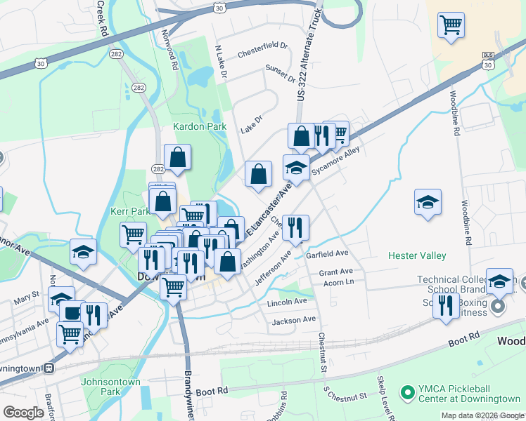 map of restaurants, bars, coffee shops, grocery stores, and more near 363 East Lancaster Avenue in Downingtown