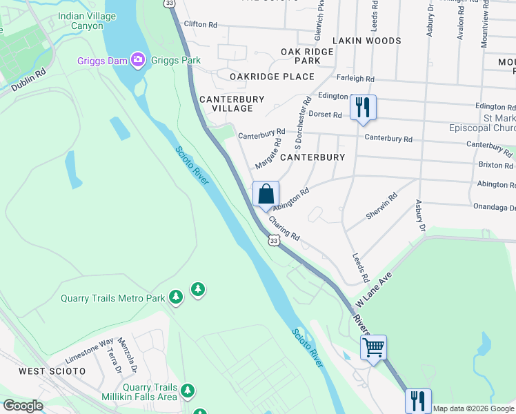map of restaurants, bars, coffee shops, grocery stores, and more near 2731 Charing Road in Upper Arlington