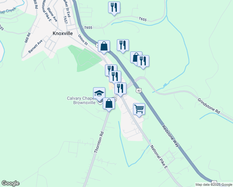 map of restaurants, bars, coffee shops, grocery stores, and more near 656 National Pike East in Brownsville