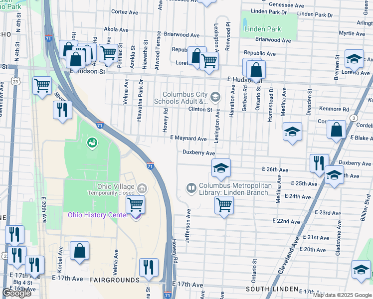 map of restaurants, bars, coffee shops, grocery stores, and more near 982 Duxberry Avenue in Columbus