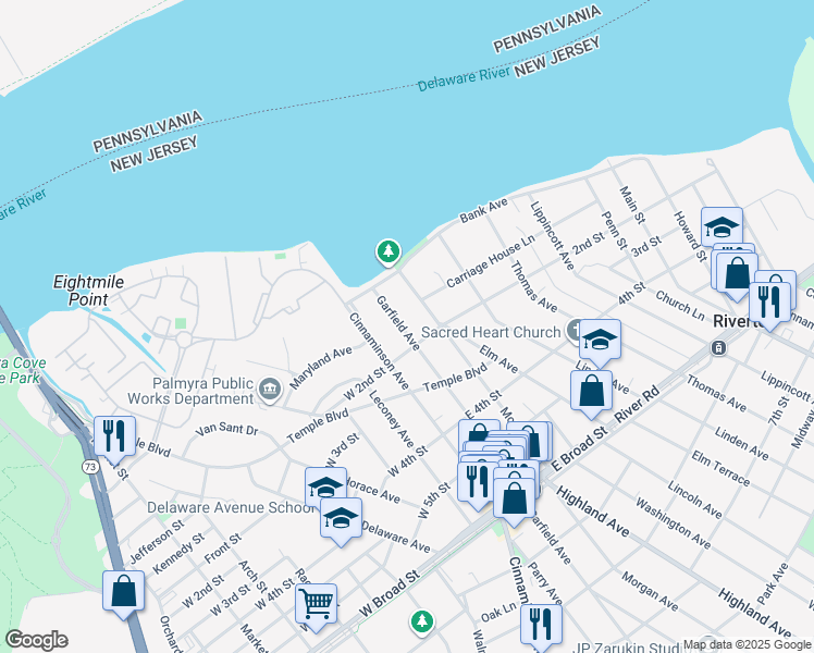 map of restaurants, bars, coffee shops, grocery stores, and more near 120 Garfield Avenue in Palmyra