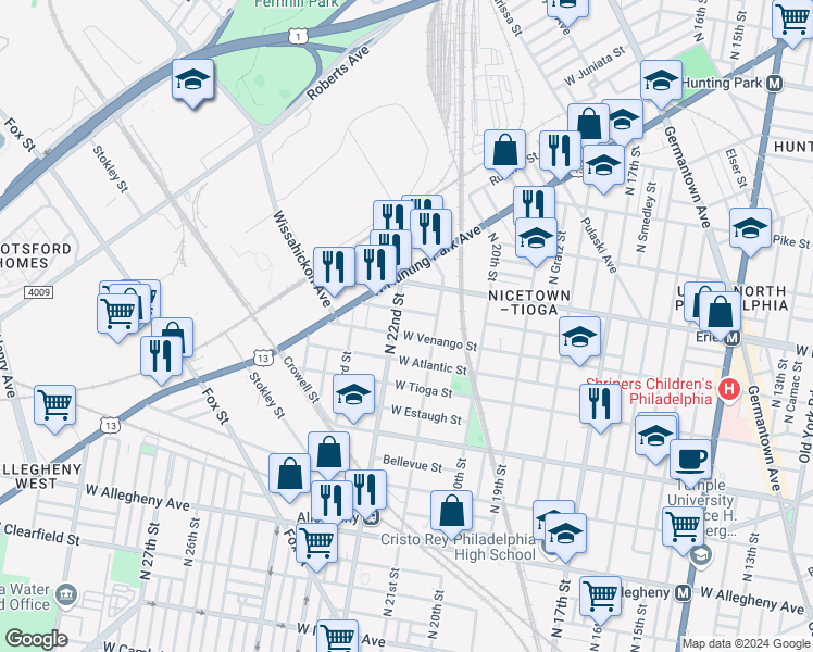map of restaurants, bars, coffee shops, grocery stores, and more near 2135 West Venango Street in Philadelphia