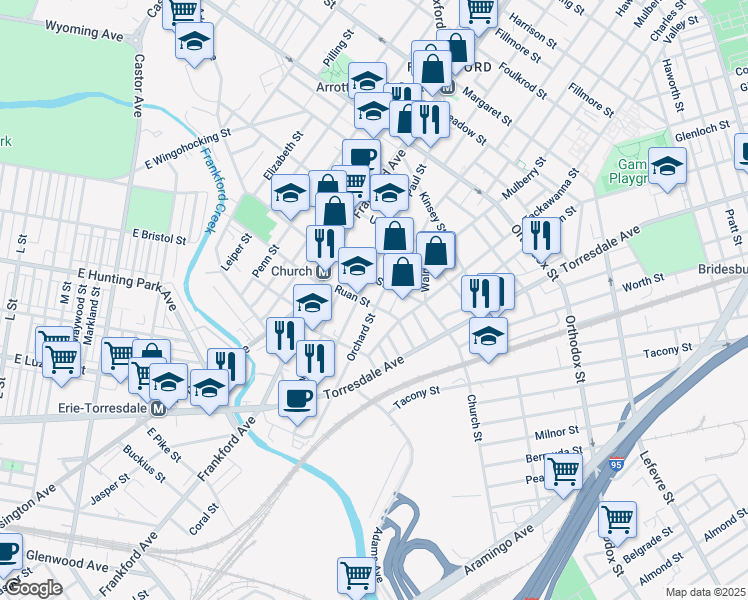 map of restaurants, bars, coffee shops, grocery stores, and more near 4276 Orchard Street in Philadelphia