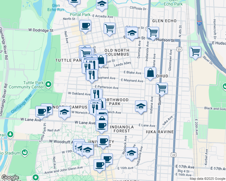 map of restaurants, bars, coffee shops, grocery stores, and more near 105 East Patterson Avenue in Columbus