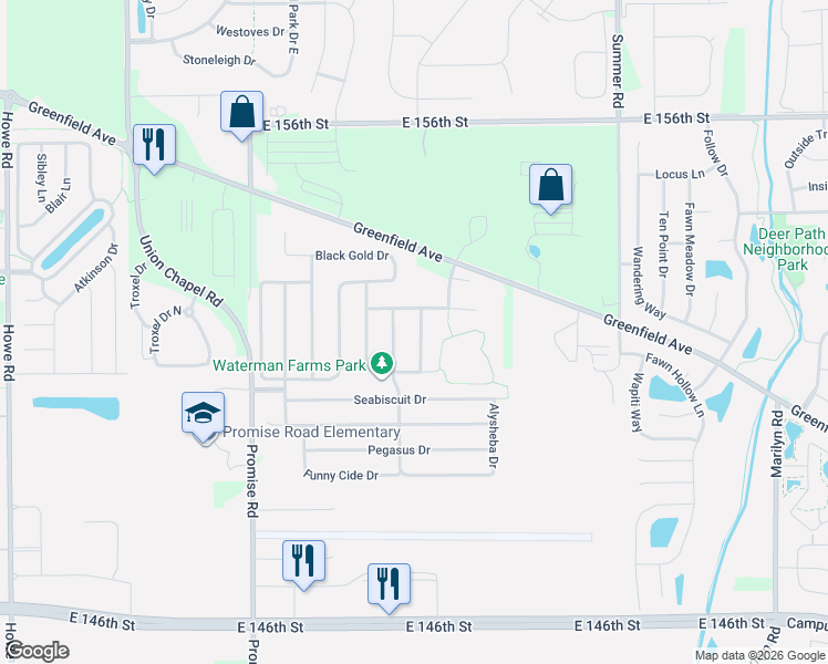 map of restaurants, bars, coffee shops, grocery stores, and more near 15175 Winning Colors Drive in Noblesville