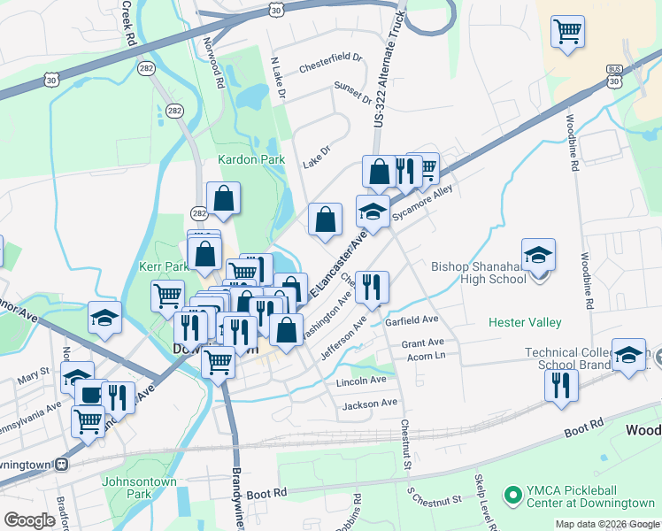 map of restaurants, bars, coffee shops, grocery stores, and more near 363 East Lancaster Avenue in Downingtown