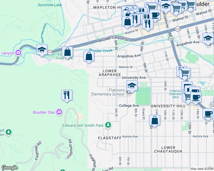 map of restaurants, bars, coffee shops, grocery stores, and more near 534 Pleasant Street in Boulder