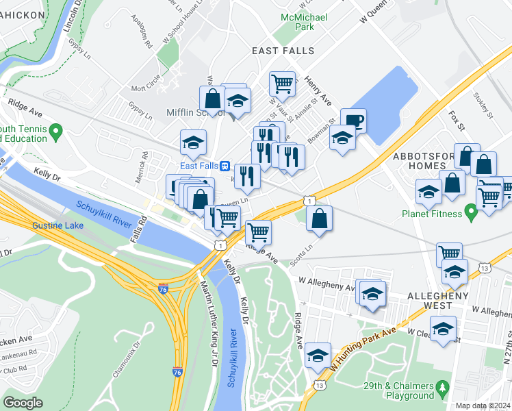 map of restaurants, bars, coffee shops, grocery stores, and more near 3601 Haywood Street in Philadelphia