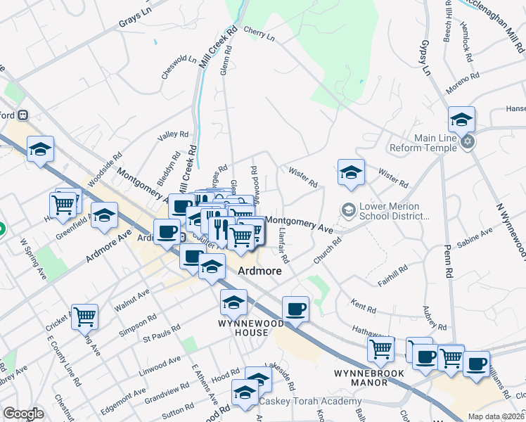 map of restaurants, bars, coffee shops, grocery stores, and more near 119 East Montgomery Avenue in Ardmore