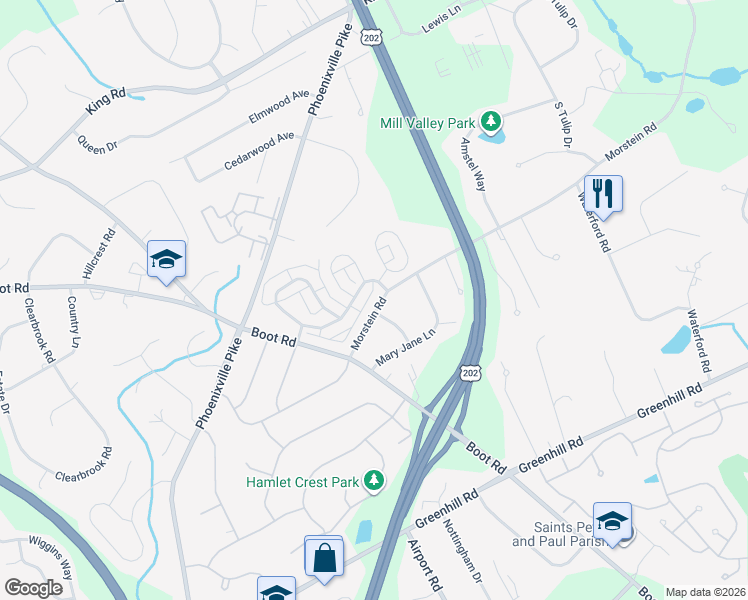 map of restaurants, bars, coffee shops, grocery stores, and more near 1261 Morstein Road in West Chester