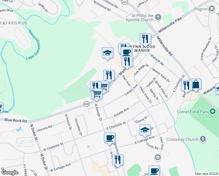 map of restaurants, bars, coffee shops, grocery stores, and more near 112 Manor Avenue in Millersville