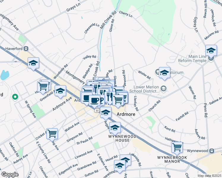 map of restaurants, bars, coffee shops, grocery stores, and more near 39 East Montgomery Avenue in Ardmore