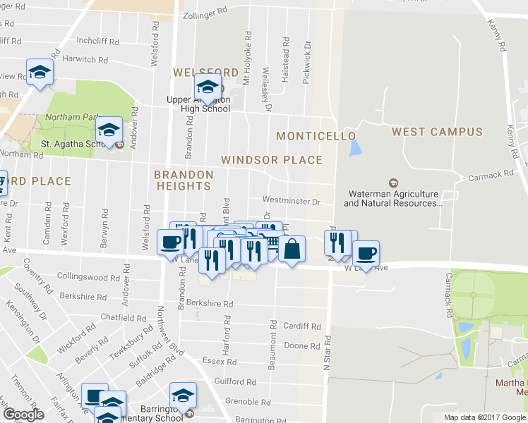 map of restaurants, bars, coffee shops, grocery stores, and more near 1578 College Hill Drive in Columbus