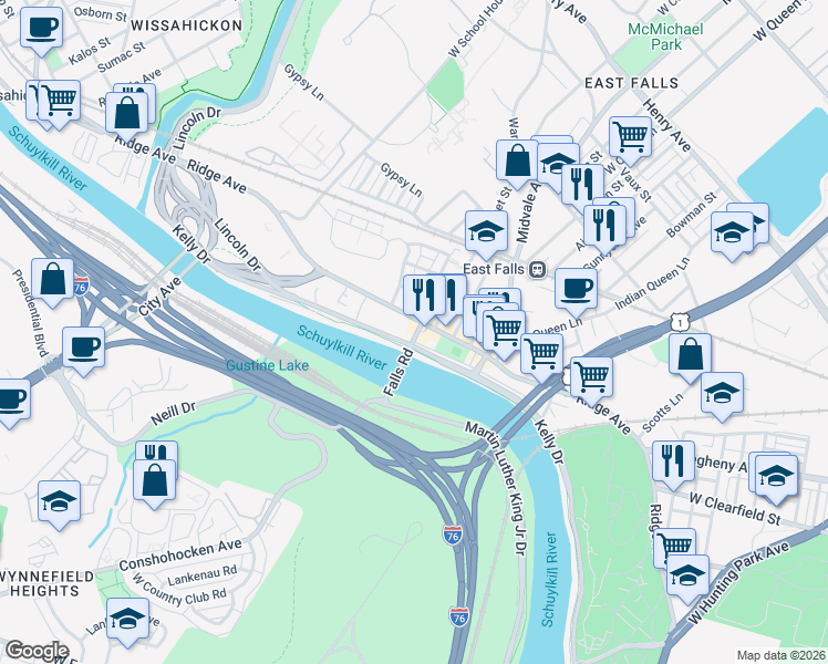 map of restaurants, bars, coffee shops, grocery stores, and more near 4268 Ridge Avenue in Philadelphia