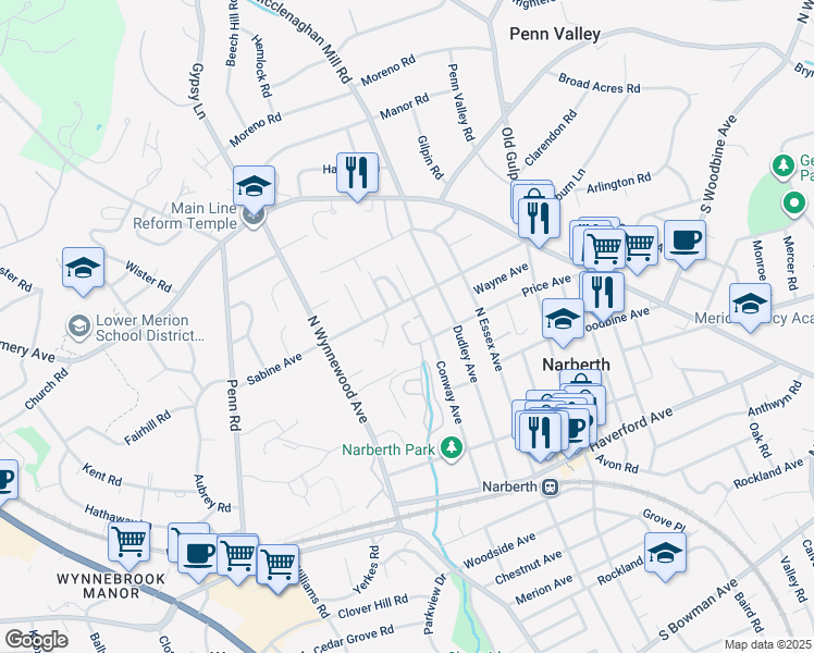 map of restaurants, bars, coffee shops, grocery stores, and more near 424 Conway Ave in Narberth