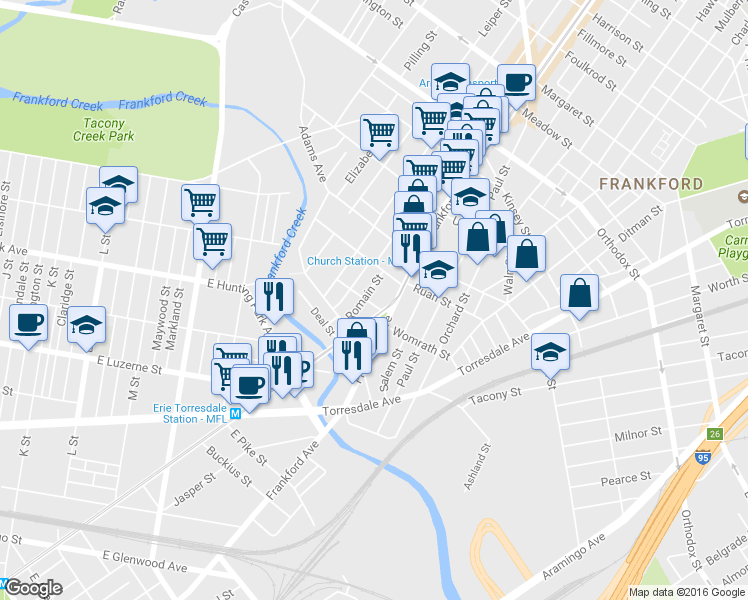 map of restaurants, bars, coffee shops, grocery stores, and more near 1545 Womrath Street in Philadelphia