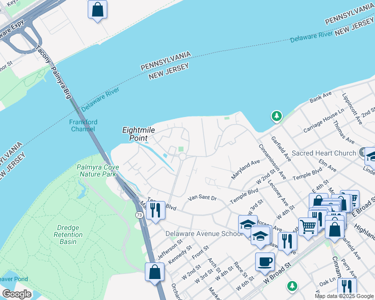 map of restaurants, bars, coffee shops, grocery stores, and more near 1101 Harbour Drive in Palmyra