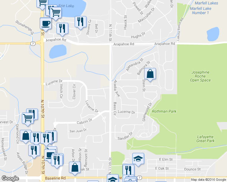 map of restaurants, bars, coffee shops, grocery stores, and more near 1001 Acadia Avenue in Lafayette